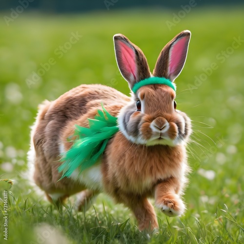 Easter bunny runs through a green meadow. Adorable rabbit on a meadow warming lighting. Cute rabbit in the grass field on a spring day  © QasimAli