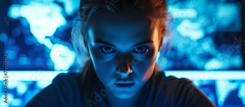 A woman gazes into a dark room, illuminated by the electric blue light of a computer screen, captivated by an artful portrait of a fictional character.