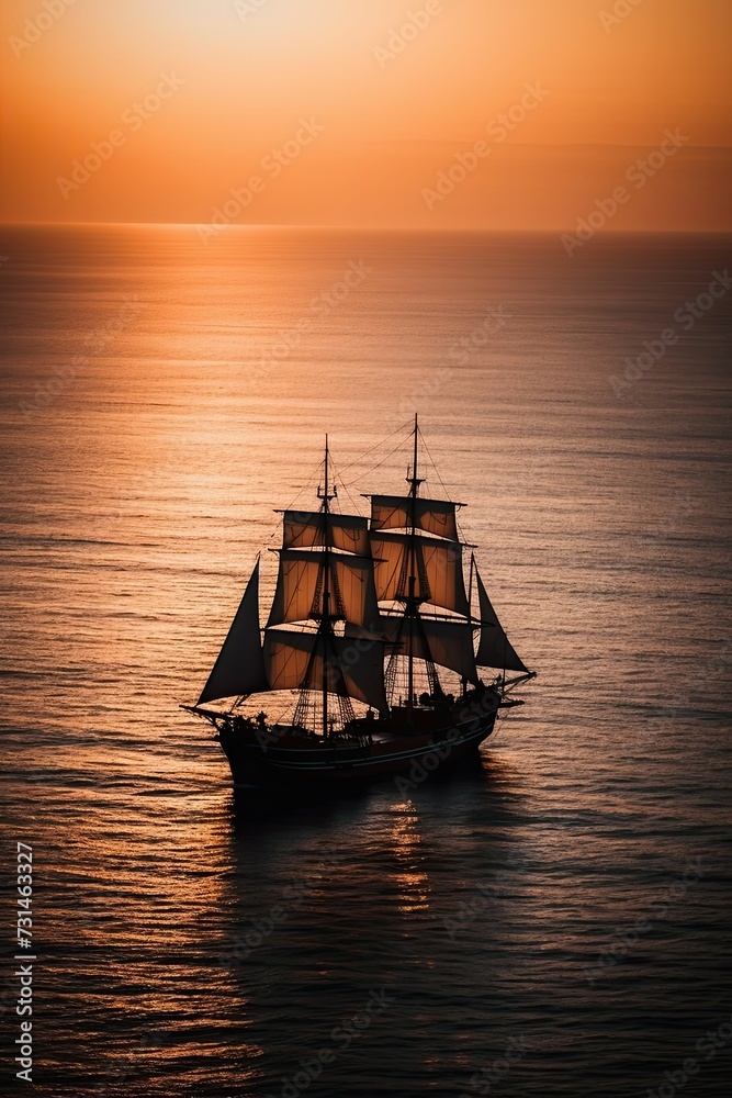 Sailing into History - sailing ship in the open sea at sunset.