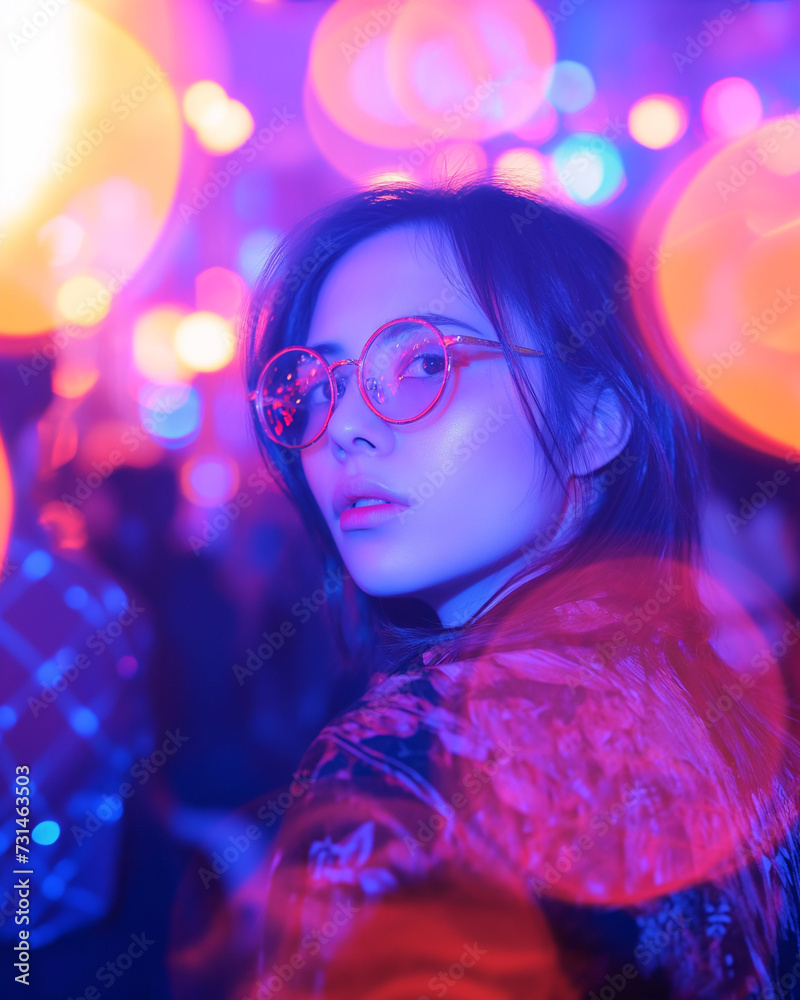 1990s candid photo with a disposable camera of a of a brunette woman wearing glasses while at a party. light leaks, blurry film with grain. retro 1990s candid photo with a disposable camera of a of a brunette woman wearing glasses while at a party. light leaks, blurry film with grain. retro