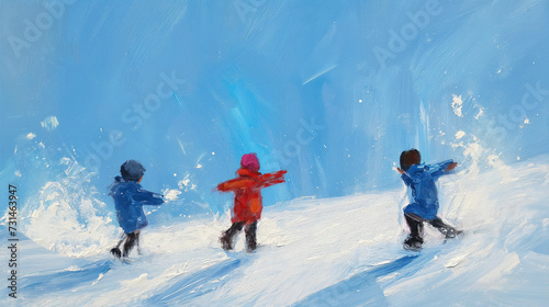 Impressionist Acrylic Painting of kids playing in the snow wearing colorful playful clothes. Children running, throwing snow, holding hands, and having fun in the snow.