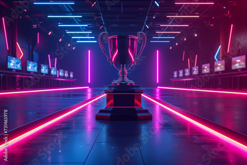 The esports winner trophy stands proudly on the stage in the heart of the computer video game championship arena. Two rows of PCs are set up for competing teams, surrounded by stylish neon lights 