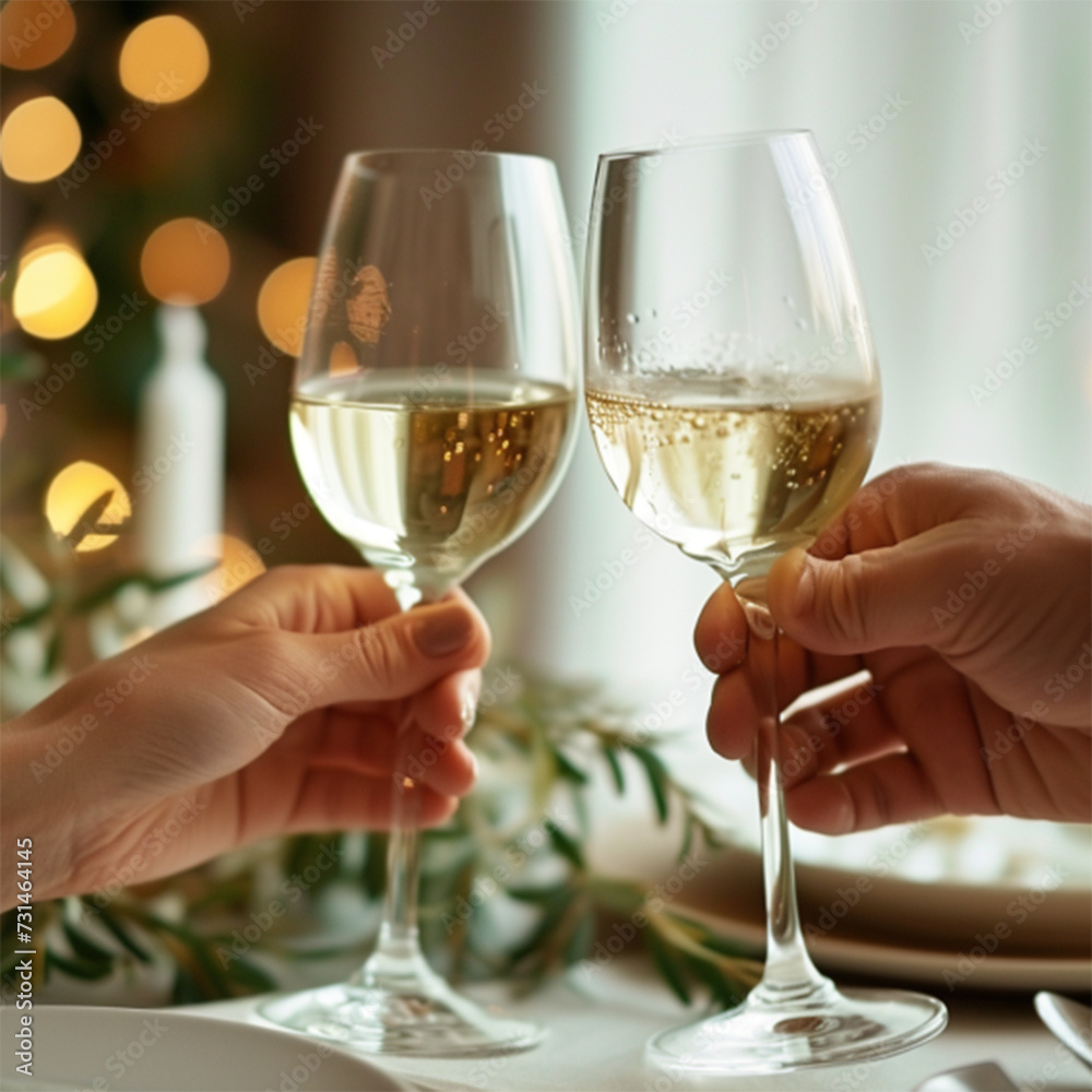 Obraz premium Happy couple having romantic cozy dinner at home or cafe, close-up shot of hands with wineglasses cheering with glasses of white wine celebrating anniversary or engagement, minimalistic ai technology
