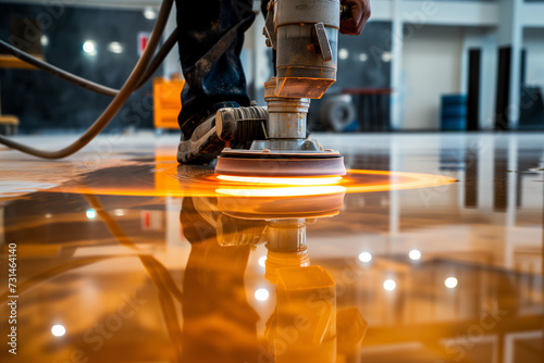 A worker using a high-speed polishing machine to polish a hard floor surface. photo