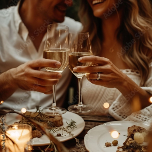 Happy couple having romantic cozy dinner at home or cafe, close-up shot of hands with wineglasses cheering with glasses of white wine celebrating anniversary or engagement, minimalistic ai technology