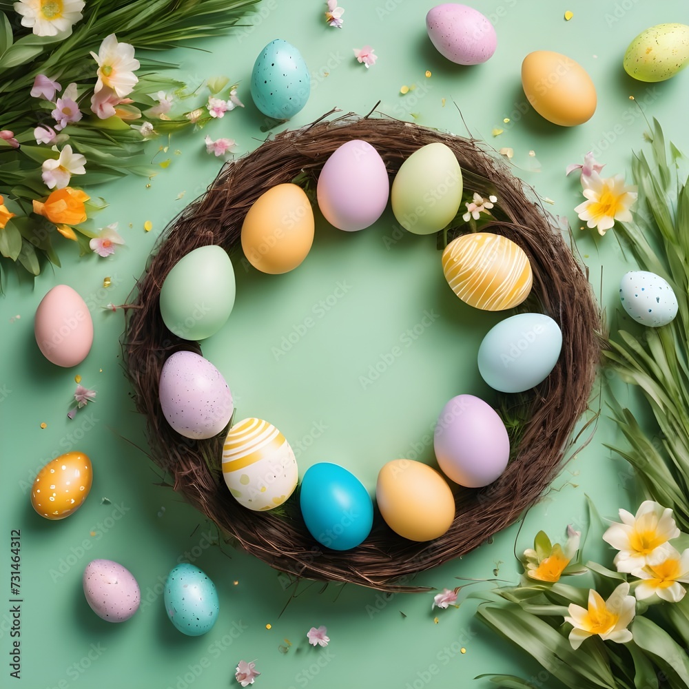 Easter poster and banner template with Easter eggs in the nest on light green background.Greetings and presents for Easter Day in flat lay styling.Promotion and shopping template for Easter