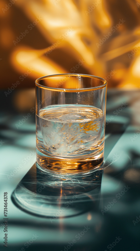 a top angled view of a refreshing iced drink in a glass with moody lighting and shadows. used for product, stock photography.