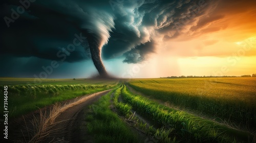 A huge tornado over an agricultural field. Disaster and threat of crop loss. Global climate change. A surreal sight of a tornado's impact on agriculture.