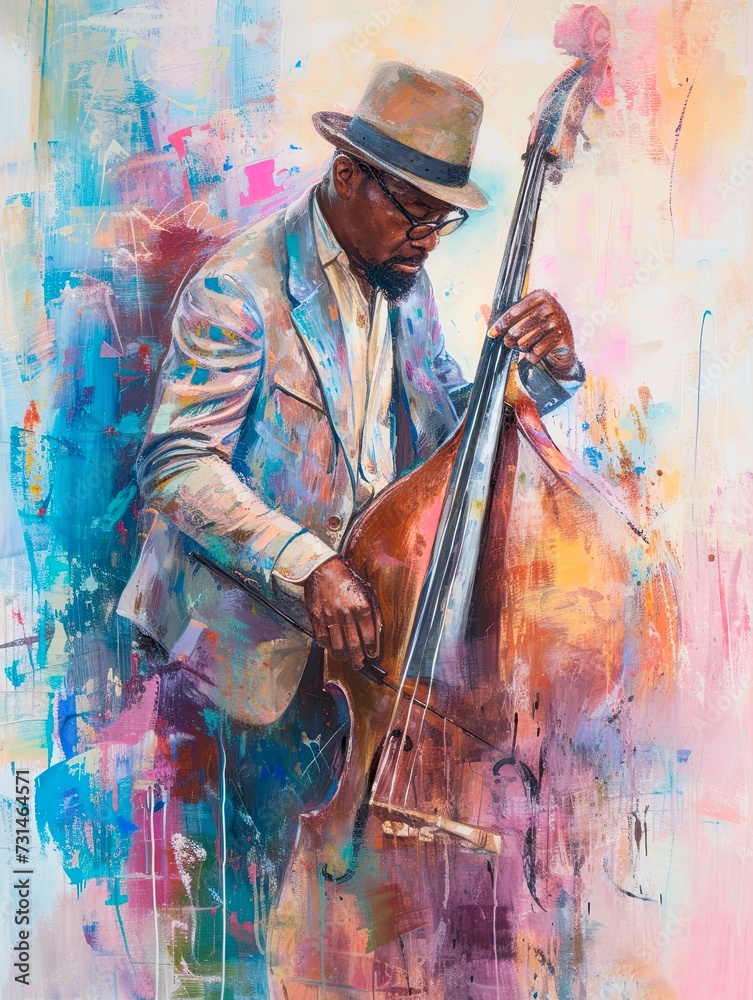 A painting depicts a stylish man playing a double bass against a colorful abstract background