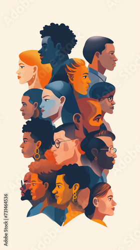 inclusive clip art illustration showing a group of diverse people or employees, of various ethnic, race background.