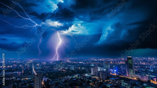 Lightning storm over city in blue light