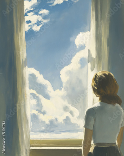 painting of a woman starring out a bright sunny window at puffy clouds, using muted whites, blues, tan colors. © Michael
