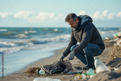 environmentalist man collects garbage on the beach  photo