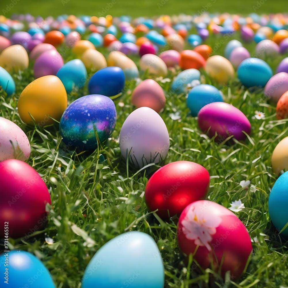 colorful Easter eggs in the meadow, background