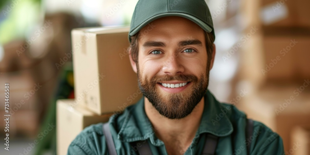 A smiling man in a green hat and green shirt holding boxes. Delivery. Generative AI. A smiling man in a green hat and green shirt holding boxes. Delivery. Generative AI.