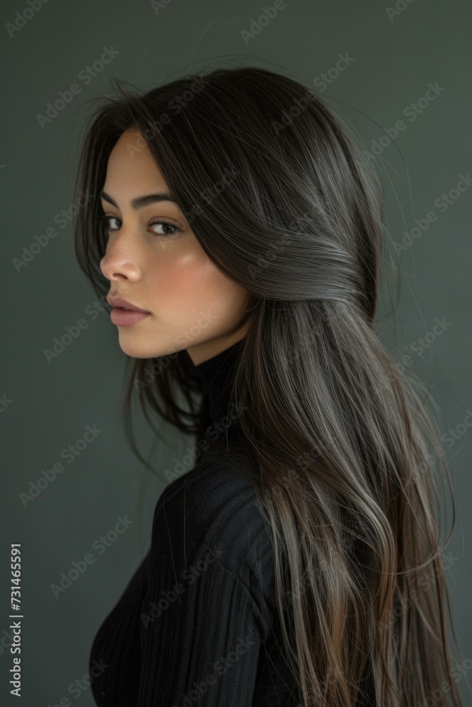 Beautiful woman with long and dark hair. Generative AI. Beautiful woman with long and dark hair. Generative AI.