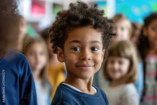 A young boy is standing in front of a group of children. Generative AI.