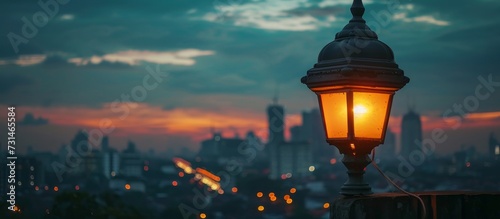 At dusk, a street light illuminates the city skyline against the natural landscape, as the sun sets below the horizon.