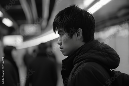 Man standing in a subway station looking at something