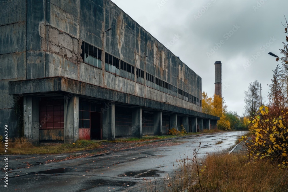 An abandoned factory building with a chimney. Generative AI.