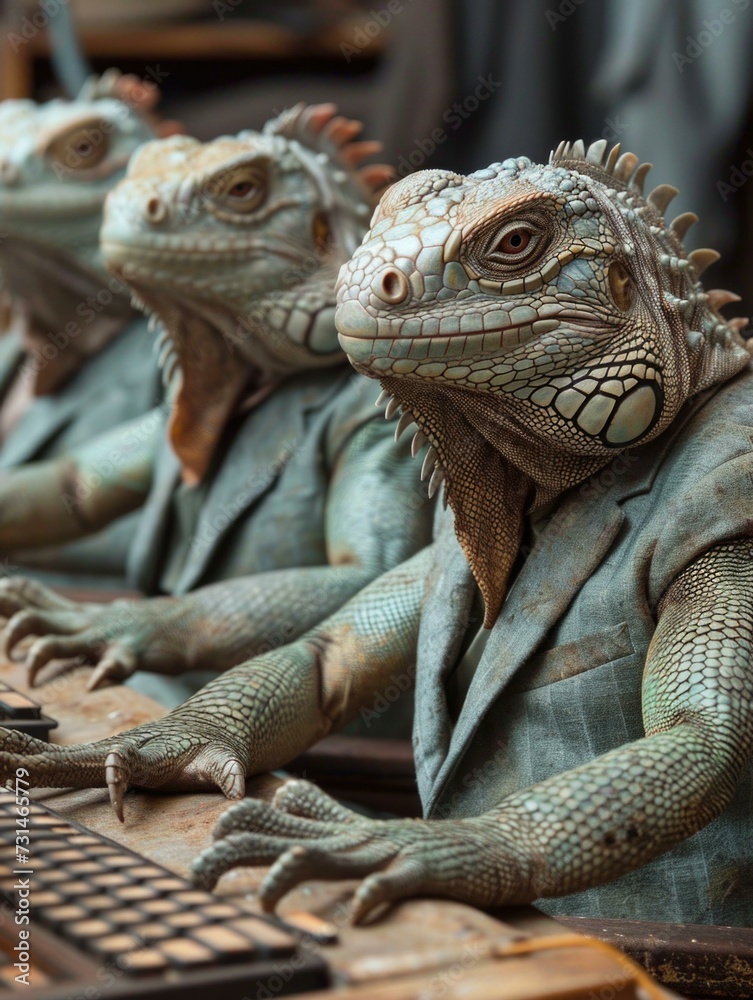 Fototapeta premium Three iguanas wearing suits and ties. Generative AI.