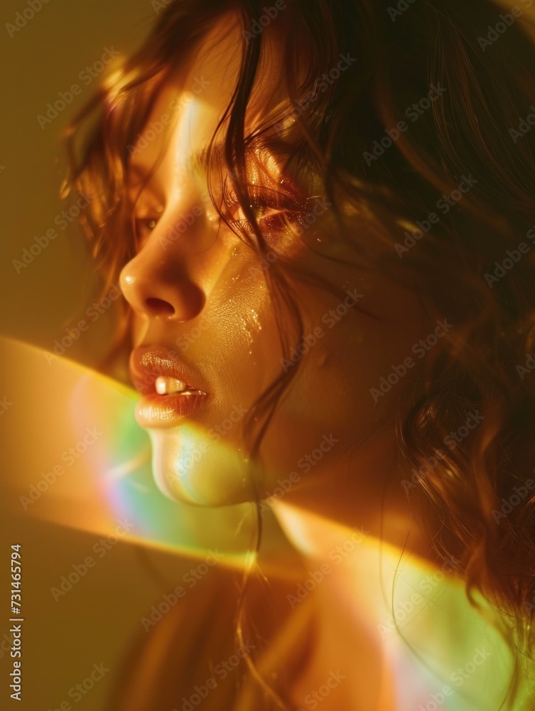 Fototapeta premium A woman with a rainbow light coming from her eyes. Generative AI.