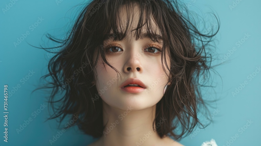 A beautiful young woman with a black hair and blue background. Generative AI. A beautiful young woman with a black hair and blue background. Generative AI.
