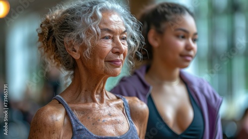An older woman and a younger woman in a gym. Generative AI.