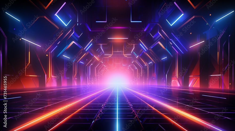 Futuristic neon tunnel with glowing lights, technology background.
