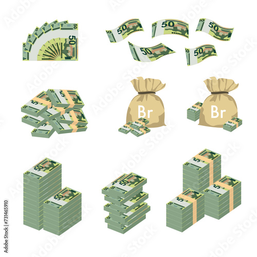 Belarusian ruble Vector Illustration. Huge packs of Belarus money set bundle banknotes. Bundle with cash bills. Deposit, wealth, accumulation and inheritance. Falling money 50 BYN photo