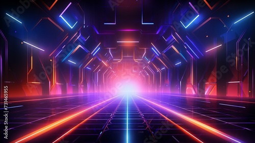 Futuristic neon tunnel with glowing lights, technology background.