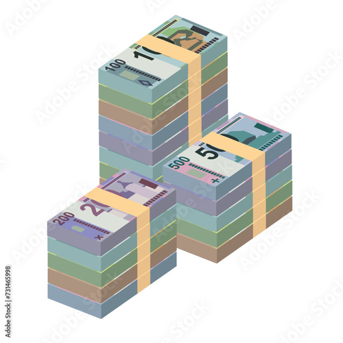 Belarusian ruble Vector Illustration. Belarus money set bundle banknotes. Paper money 20, 50, 100, 200, 500 BYN. Flat style. Isolated on white background. Simple minimal design.