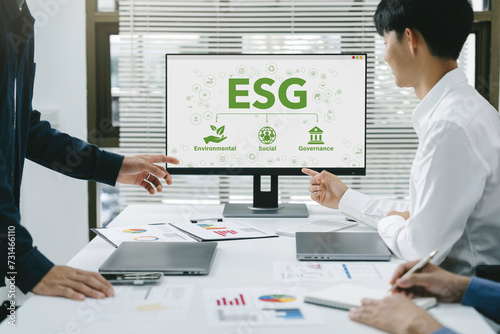 ESG environment social governance investment business. ethical and responsible business concept.  Business group meeting plan to green business investment strategy for sustainable.
