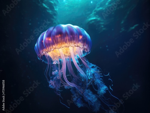 A jellyfish floating in the water with a light shining on it. Generative AI. © Natalia