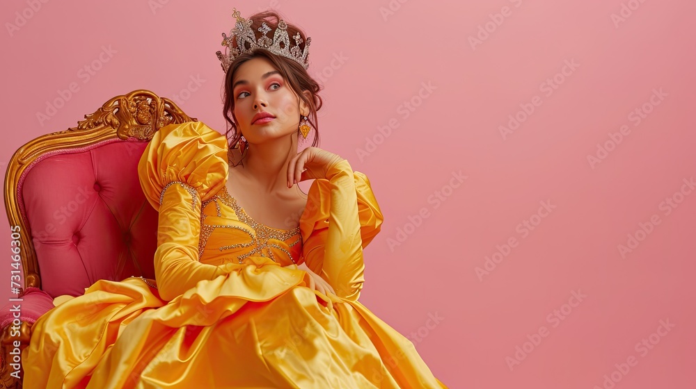 Fototapeta premium A girl in a yellow princess dress and a crown is sitting on an armchair, a throne. Studio photo of a model in a queen costume on a pink background.