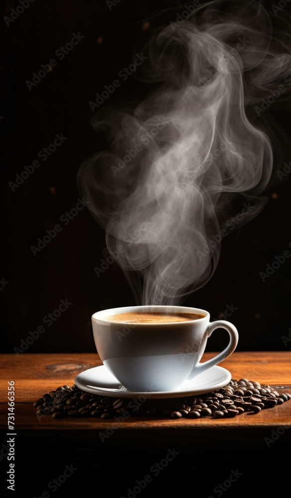 Coffee cup with steam on dark background. Generative AI.