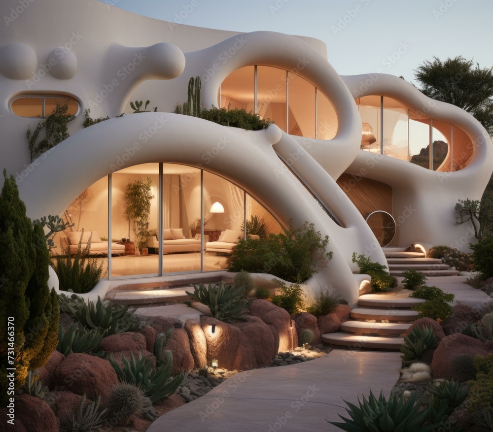 A futuristic house with a curved exterior. Generative AI.