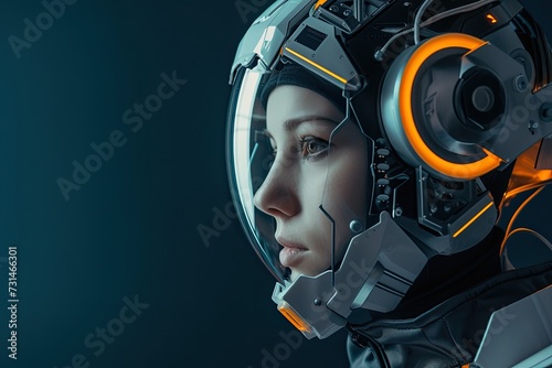 A girl in a helmet, a model from a computer game. A woman from a cyber civilization, portrait