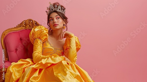 A girl in a yellow princess dress and a crown is sitting on an armchair, a throne. Studio photo of a model in a queen costume on a pink background.