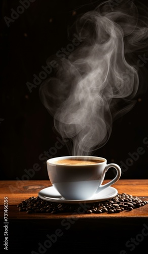 Coffee cup with steam on dark background. Generative AI.