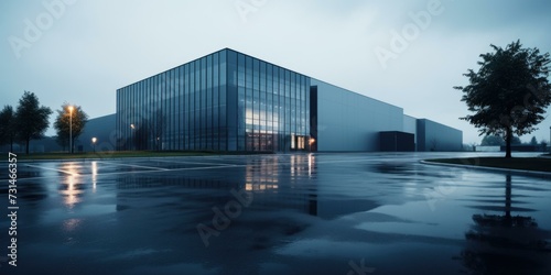 A building with a large glass facade on a rainy day. Generative AI.