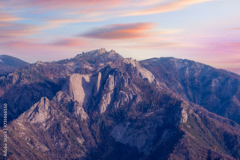 Mountain landscape, Landscape view of mountains and Moro Rock view of the Sequoia National Park. California, USA