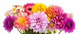 A vibrant assortment of flowers arranged in a flowerpot, showcasing their colorful petals against a clean white background.