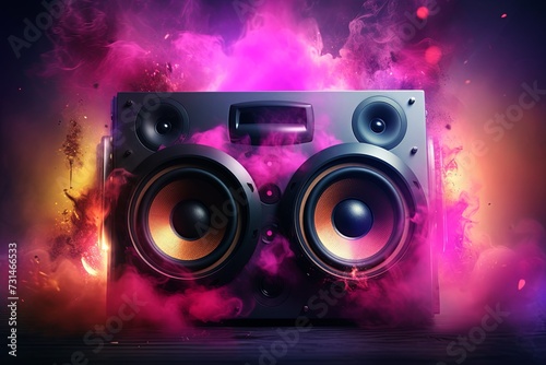 background with speakers surrounded by colorful smoke 