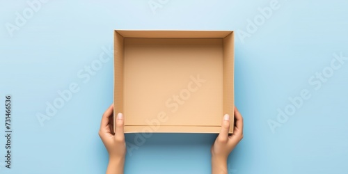 One empty open brown cardboard box on blue background. Top view photo