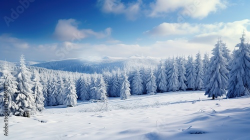 Daytime winter landscape: Beautiful view at hills and trees at bavarian forest. copy space for text.