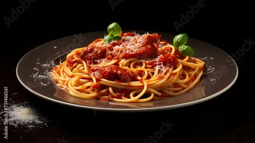 delicious appetizing classic spaghetti pasta with tomato sauce, parmesan. Image of food. copy space for text.