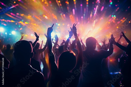 party people dancing at concert blurred shining background 
