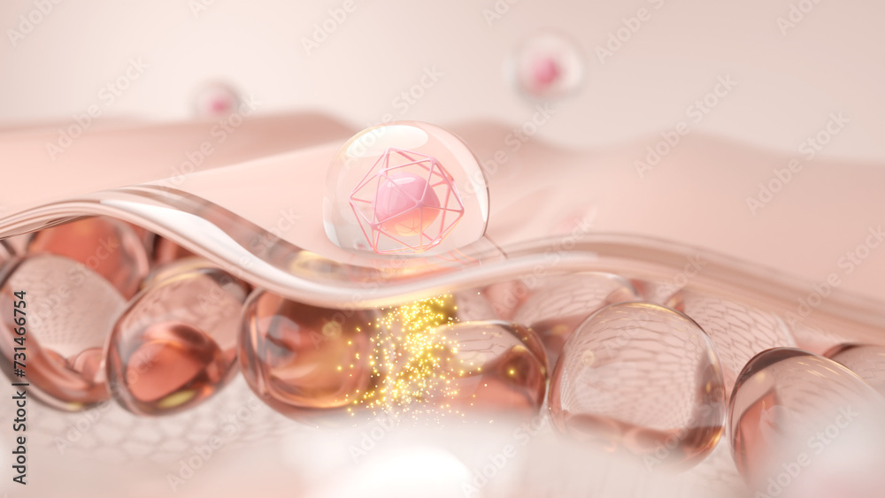 clear drop with collagen molecules penetrates the skin, igniting a burst of light from deep within that lifts and smooths wrinkles for a youthful appearance. 3D rendering. clear drop with collagen molecules penetrates the skin, igniting a burst of light from deep within that lifts and smooths wrinkles for a youthful appearance. 3D rendering.