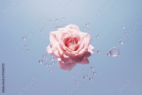 A pink rose against a serene blue background, surrounded by glistening droplets in a dreamy, graceful display of elegance and purity. Suitable for illustrating and promoting beauty themes.